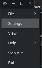 menu options with the word "settings" highlighted